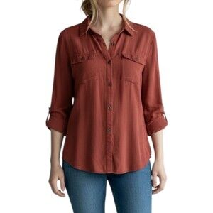 Tinsel Women's Button Down Shirt Roll Tab Sleeve 100% Rayon Size S Maroon